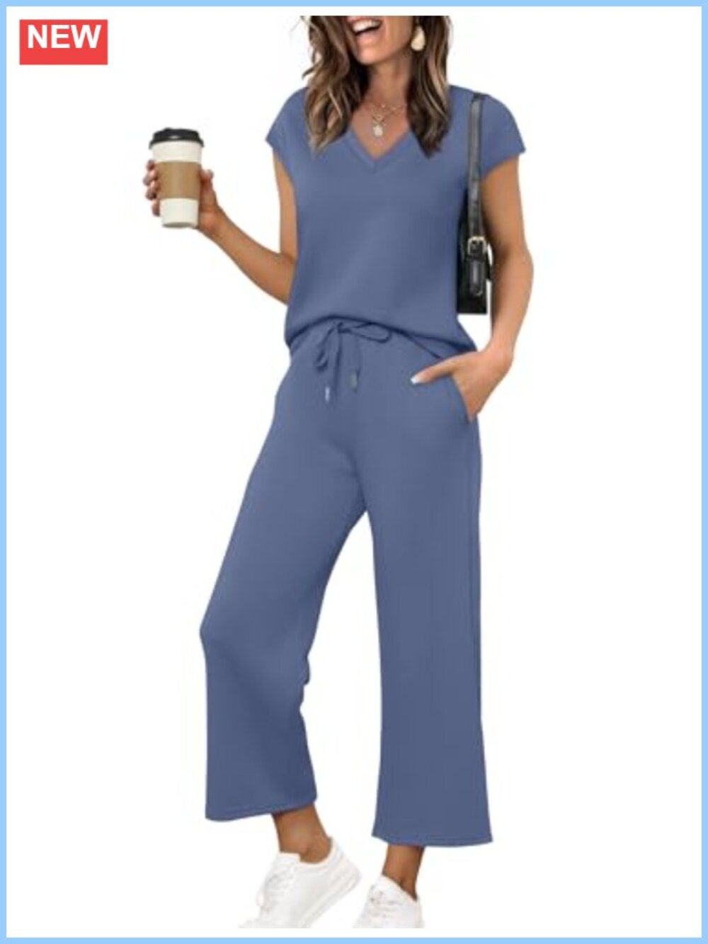 Women's Two Piece Lounge Set V Neck Cap Sleeve Top Wide Leg Pants Travel Casual